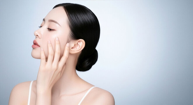グレー背景で横顔を見せる若い女性のビューティーポートレート、なめらかな素肌に触れる指先が印象的なスキンケア・保湿化粧品広告向けイメージ、AI