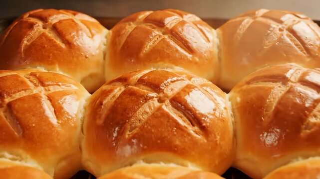 Freshly baked golden bread rolls