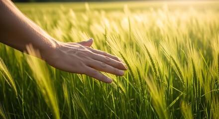 Macro View of Male Hand in Grass Highlighting Texture and Vibrant Natural Colors.