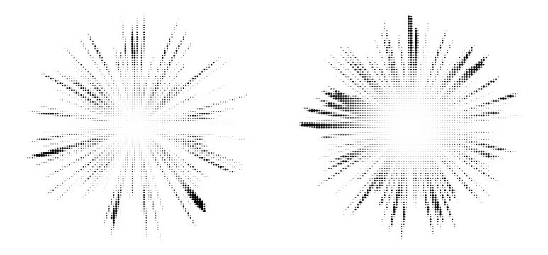 Abstract Halftone Burst Elements Set with Dotted Explosion Effect. Halftone Radial Burst Effect Patterns with Dynamic Gradient Dots. 