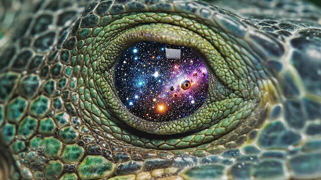 Macro shot of a dragon's eye that reveals a universe in the pupil.