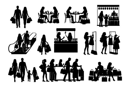 Silhouette shopping scenes: diverse people in various retail activities.