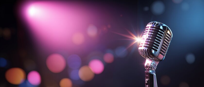 Wide banner with retro stage microphone and pink neon light. Live concert background concept. Music event header template. Karaoke show promotion image. Entertainment performance theme.