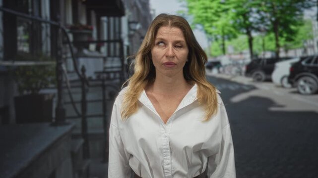 Woman on city street in frontal pose with pouting face and rolling eyes, white blouse and visible belt; annoyance.