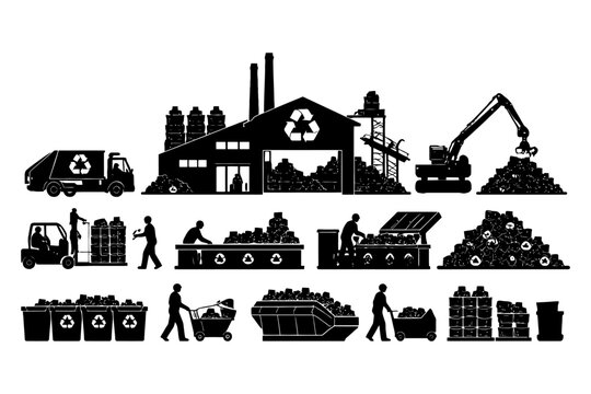 Recycling facility operations: waste sorting and processing icons.