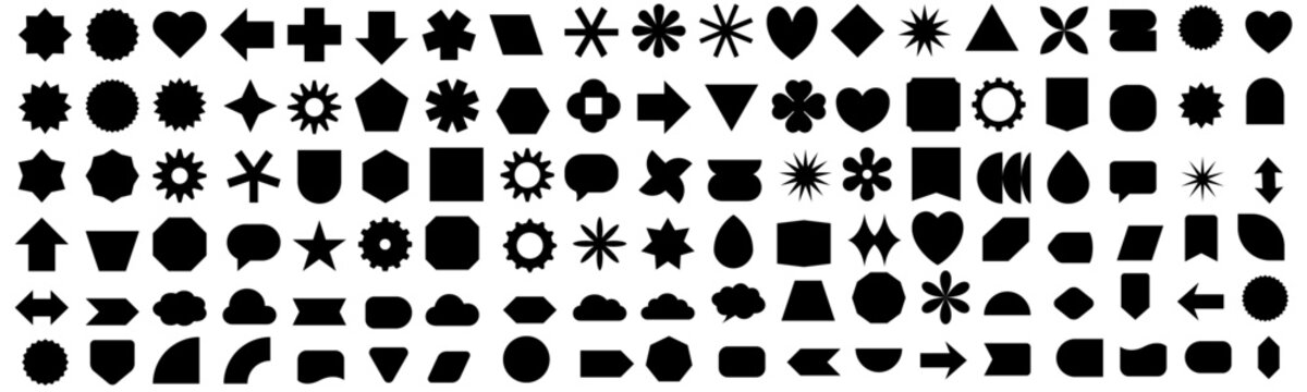 Black shape elements with sharp and rounded edges. Geometric primitives vector collection. vector illustration