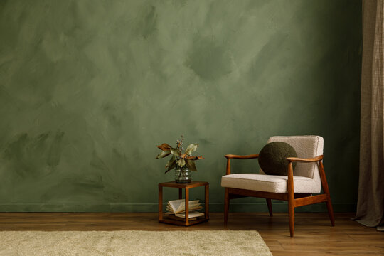 Olive Green Interior with Chair and Flowers