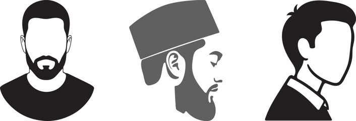 Three monochrome silhouettes of men s heads in profile and frontal views