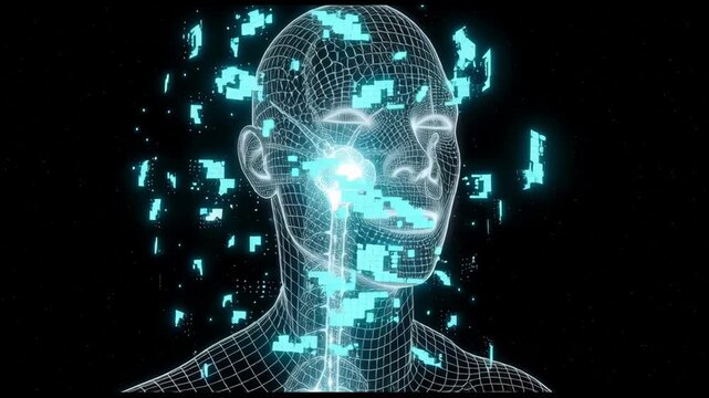Abstract representation of artificial intelligence and digital consciousness with glowing elements and fragmented data points
