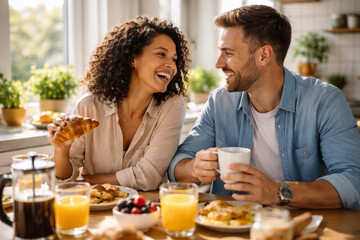 Couple enjoying breakfast together in cozy sunny kitchen