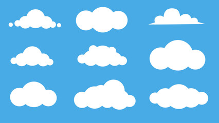 collection of various white fluffy cloud shapes on blue sky weather background