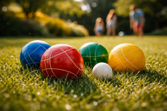Colorful bocce balls on grass in a sunny park setting