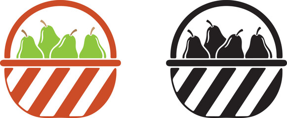 Logo designs featuring pears in a basket with diagonal stripes