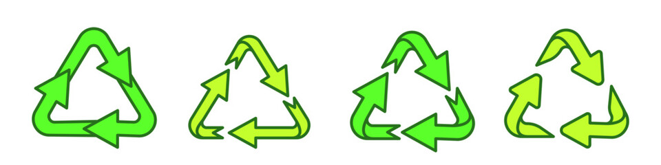 Obraz premium Vector set of illustration of different green arrow recycle icon. Hand drawn doodle style design of line arrow recycle symbol. Eco friendly sign of recycling for sustainable development
