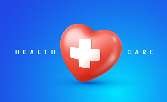 Vector illustration of realistic red color heart with cross on blue background. Medical symbol of first aid with text health care. 3d style template design of heart with white color cross