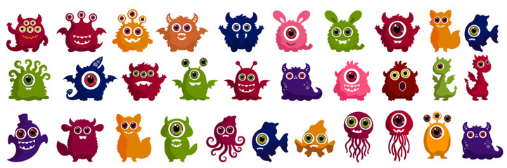 Obraz premium Collection of cute colorful monster characters with various shapes and funny eyes