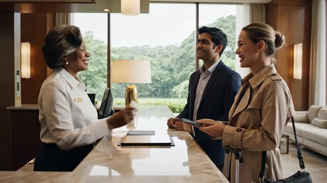 Hotel reception staff assisting guests