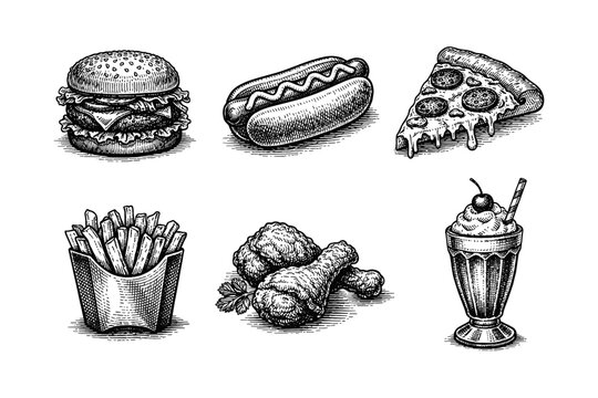 Vintage fast food engraving set, retro  in woodcut style isolated background
