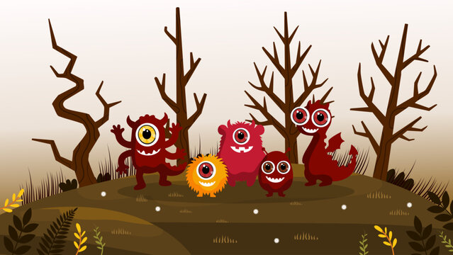 group of red and orange monsters standing in dark spooky forest landscape