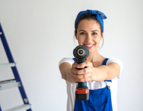 Lachende, junge Frau zielt spielerisch bei der Renovierung mit dem Akkuschrauber nach vorne.