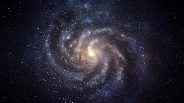 Majestic top-down view of a spiral galaxy rotating slowly with billions of stars.