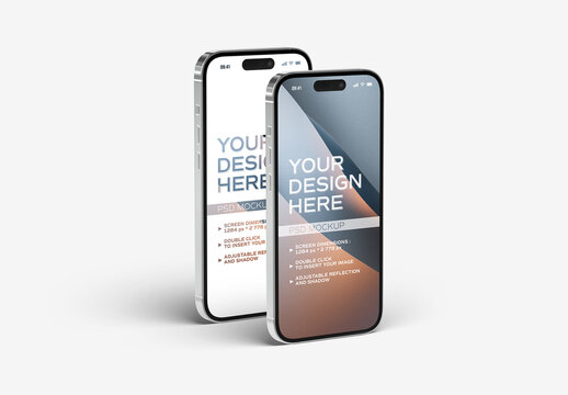 Two Isolated Smartphones With Shadows Standing On White Mockup