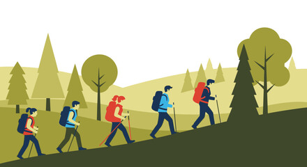 Group of hikers walking in a forest landscape together.