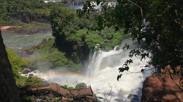 Iguazu Falls, A Massive Series Of Cataracts On The Iguazu River Viewed From Argentine Walkways. Aerial Pullback Shot
