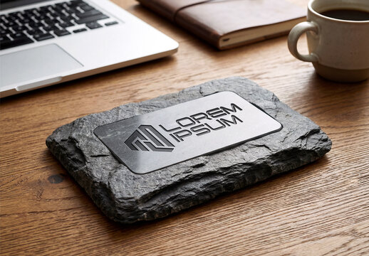 Engraved Stone Logo on Wood Desktop Mockup