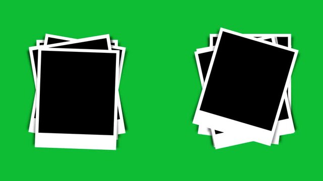 Stacking two piles side by side of blank polaroid photo frames with black fill, isolated on green screen chroma background.