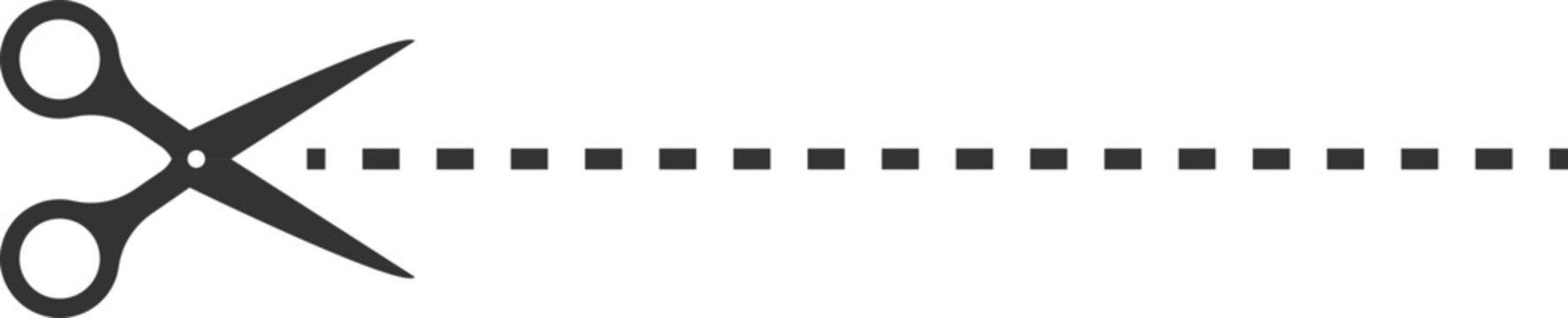 Simple graphic illustration of scissors cutting a dashed line on a black background