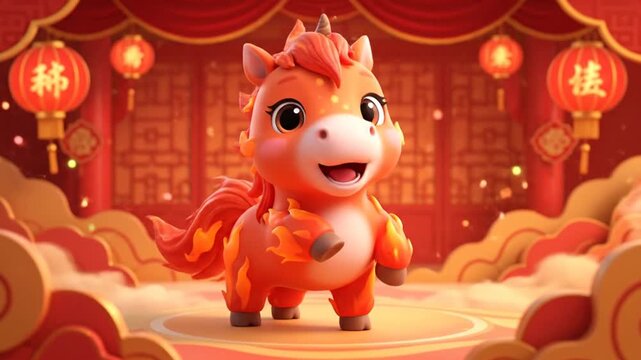 A vibrant cartoon dragon stands on a golden stage surrounded by red lanterns and clouds in a festive environment