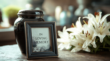 black urn and white lilies on an altar at home