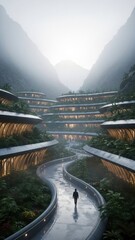 Person walking towards building in a mountainous landscape