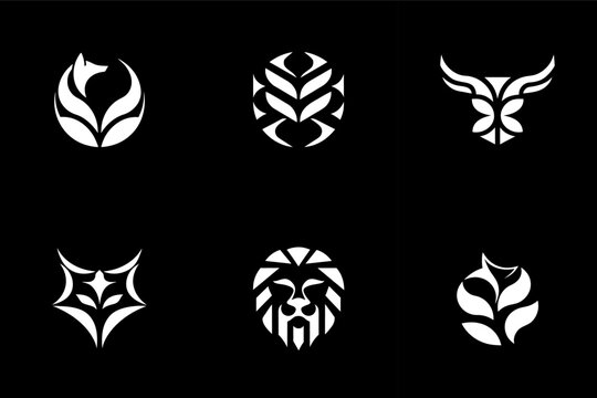 Minimalist White Animal Logo Icons - Abstract Geometric Wildlife Set on Black