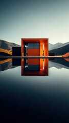 Modern orange structure reflection in calm water with mountains