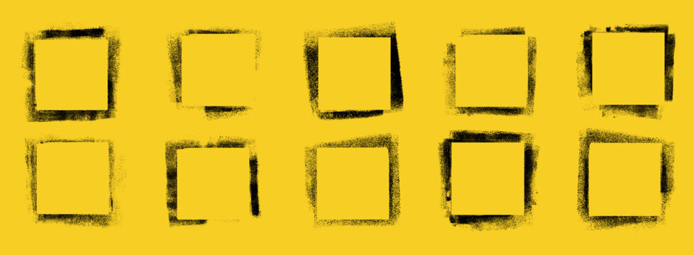 Set of grunge rolled ink stamp texture frames handmade with brayer. Rough square stencil borders for text. Linocut relief printing banner templates vector illustration isolated on transparent bg