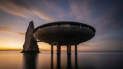 Modern building over water with rock formation during sunset