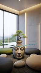 Bonsai tree sculpture on table in modern interior design