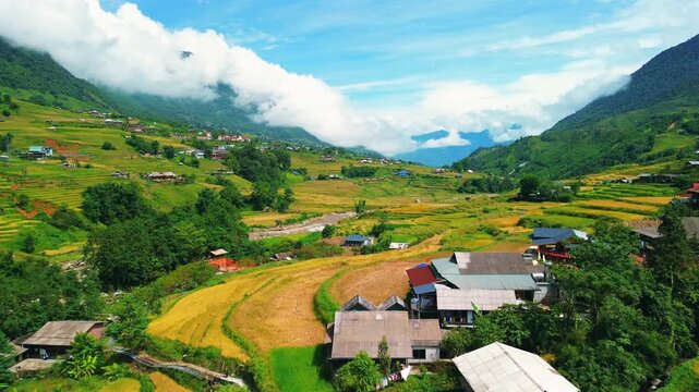 Aerial drone footage of rice terraces carved into mountain slopes in Sa Pa, Vietnam, highlighting traditional agriculture, green patterns, and dramatic highland landscapes in Southeast Asia.