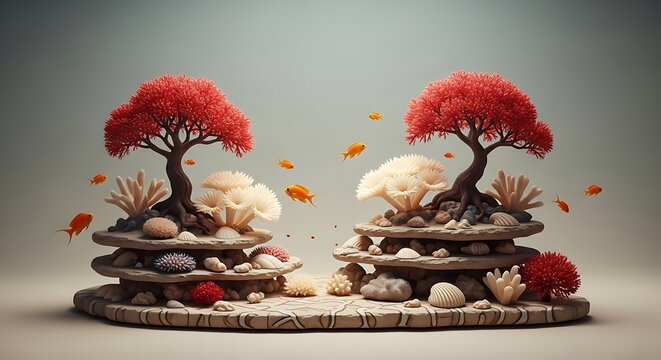 Two coral trees with red foliage on stacked stone platforms surrounded by ocean creatures and shells in a serene underwater scene