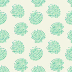 Sea shell Pectinidae scallop pattern, sketch doodle hand drawn. Silhouette, contour, bivalve shells of sea creature, mollusk seashell. © MarhaRyta