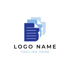 Modern document logo with layered pages and upward arrows symbolizing growth and data management.