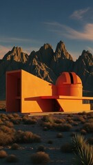 Modern orange building against mountains and sky