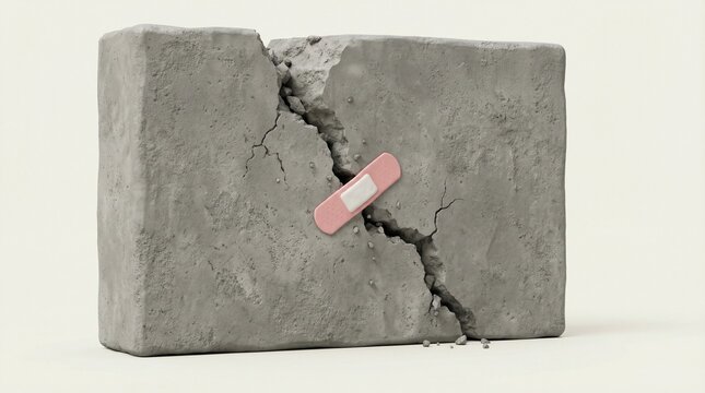 Humorous 3D Illustration of Massive Cracked Concrete Wall Covered by a Tiny Adhesive Bandage - Inadequate Solution
