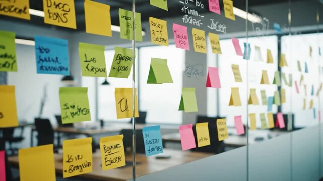 Colorful sticky notes on glass wall in creative office for brainstorming and planning