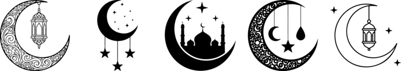 islamic ramadan crescent moon and mosque lantern silhouettes seamless border pattern elegant monochrome eid celebration vector banner design © Muhammad