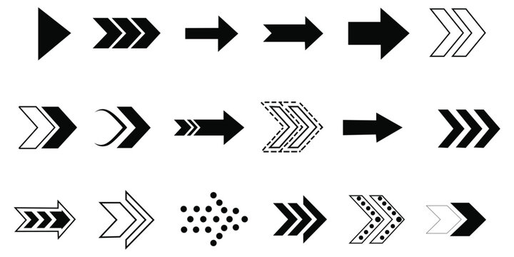 A collection of various black and white arrow icons in different styles and patterns for navigation and direction