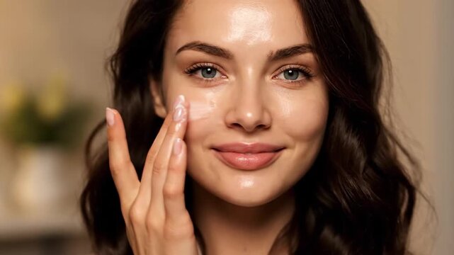 Gorgeous woman with blue eyes applies eye cream in daily skincare routine