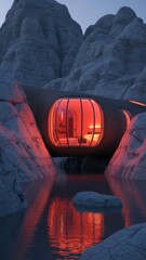Modern structure nestled between rocks with red interior lighting